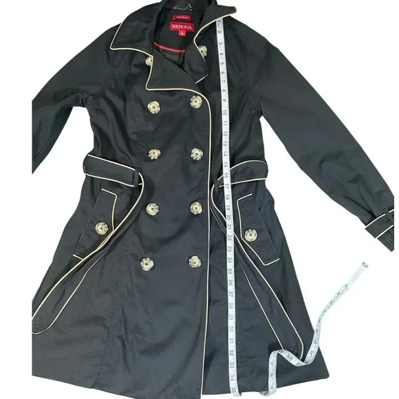 Merona Ladies Small Trench Coat Black /Beige W/Buttons and Belt Water Repellent - Picture 9 of 13